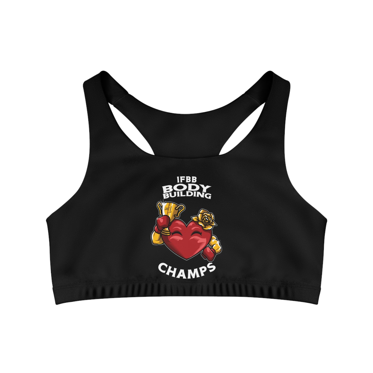 IFBB BODY BUILDING CHAMPS - Center Logo - (Black) - Seamless Sports Bra (AOP)