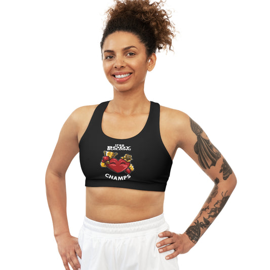 IFBB BODY BUILDING CHAMPS - Center Logo - (Black) - Seamless Sports Bra (AOP)