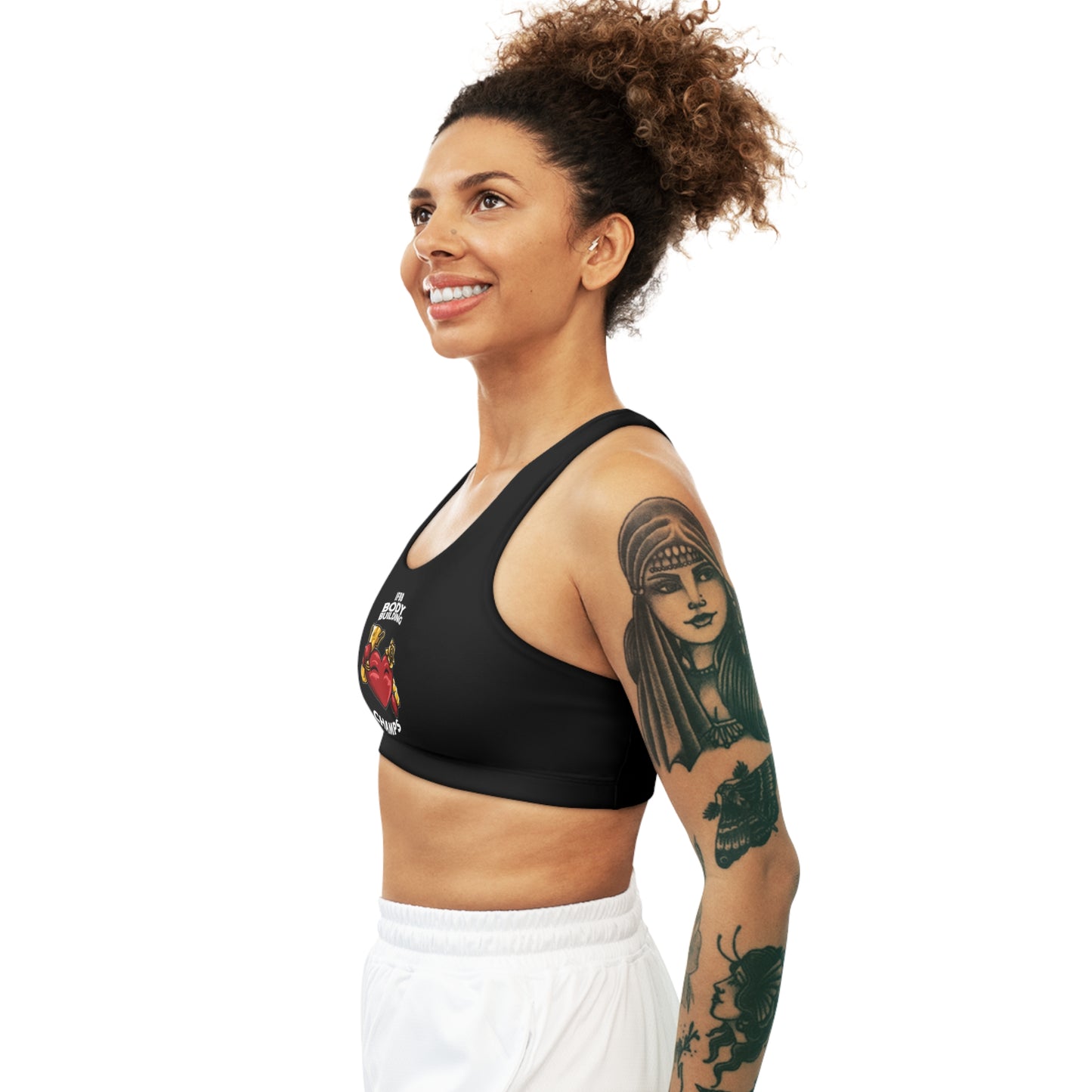 IFBB BODY BUILDING CHAMPS - Center Logo - (Black) - Seamless Sports Bra (AOP)