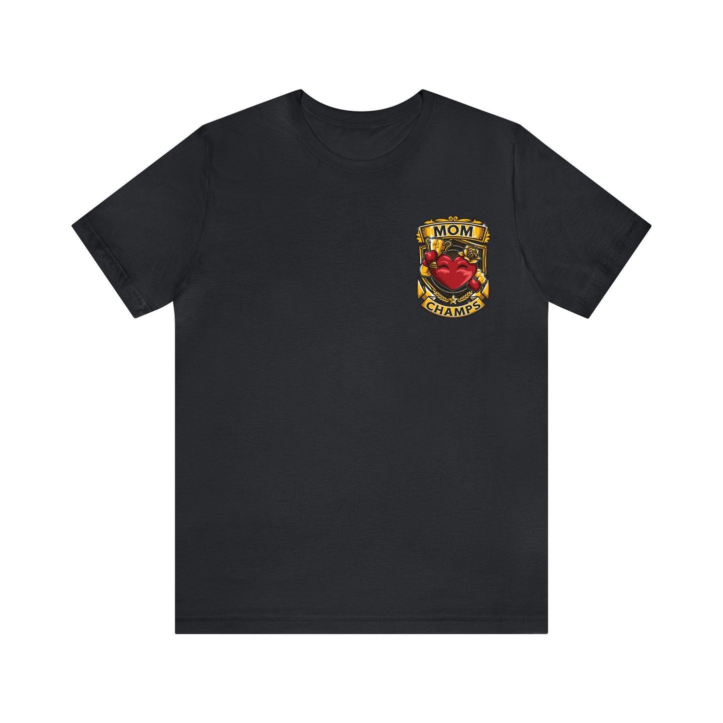 Mom Champs! (Small Front Logo & Back Design) - Unisex Jersey Short Sleeve Tee (Bella+Canvas)