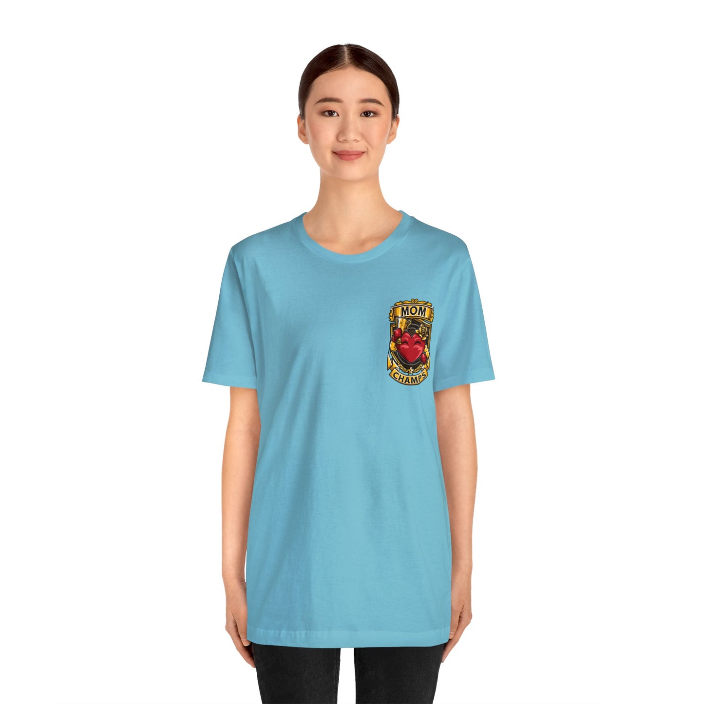 Mom Champs! (Small Front Logo & Back Design) - Unisex Jersey Short Sleeve Tee (Bella+Canvas)