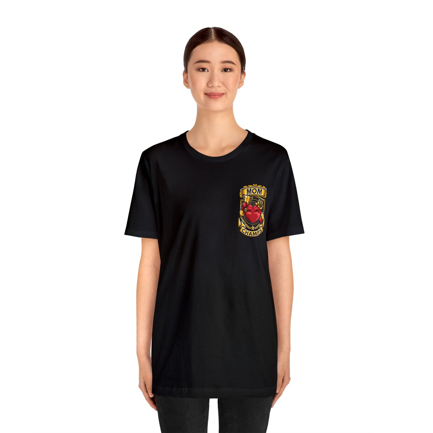 Mom Champs! (Small Front Logo & Back Design) - Unisex Jersey Short Sleeve Tee (Bella+Canvas)