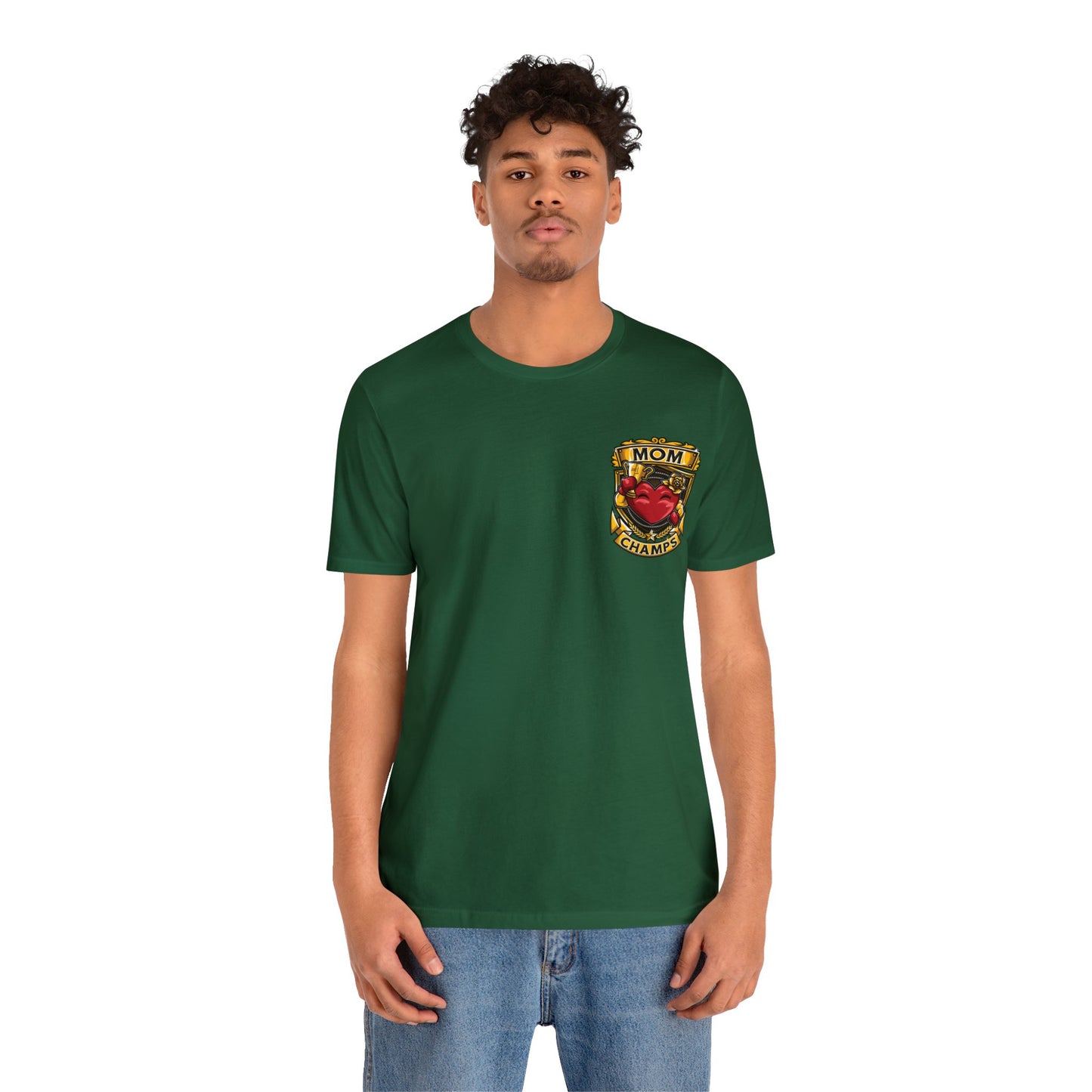 Mom Champs! (Small Front Logo & Back Design) - Unisex Jersey Short Sleeve Tee (Bella+Canvas)