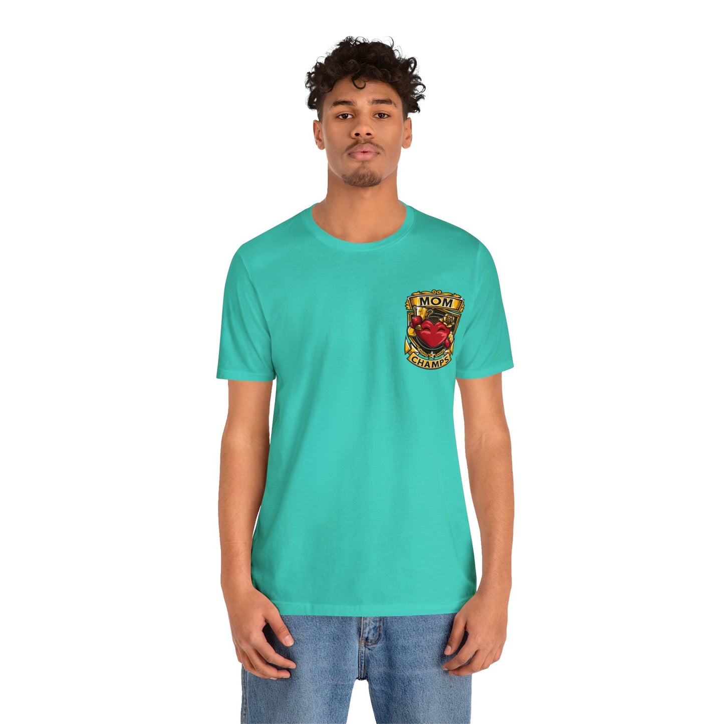 Mom Champs! (Small Front Logo & Back Design) - Unisex Jersey Short Sleeve Tee (Bella+Canvas)