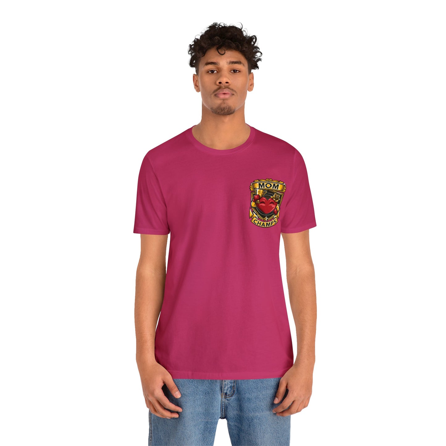 Mom Champs! (Small Front Logo & Back Design) - Unisex Jersey Short Sleeve Tee (Bella+Canvas)