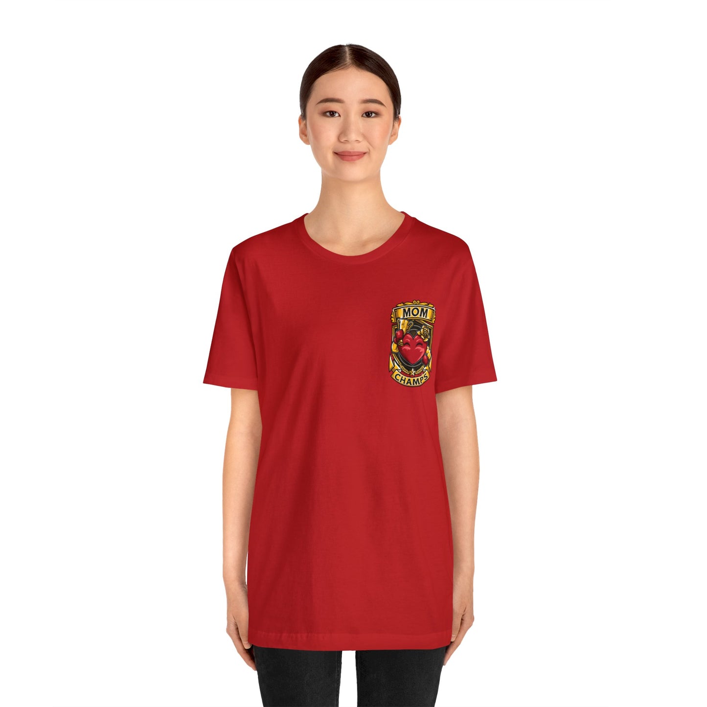 Mom Champs! (Small Front Logo & Back Design) - Unisex Jersey Short Sleeve Tee (Bella+Canvas)