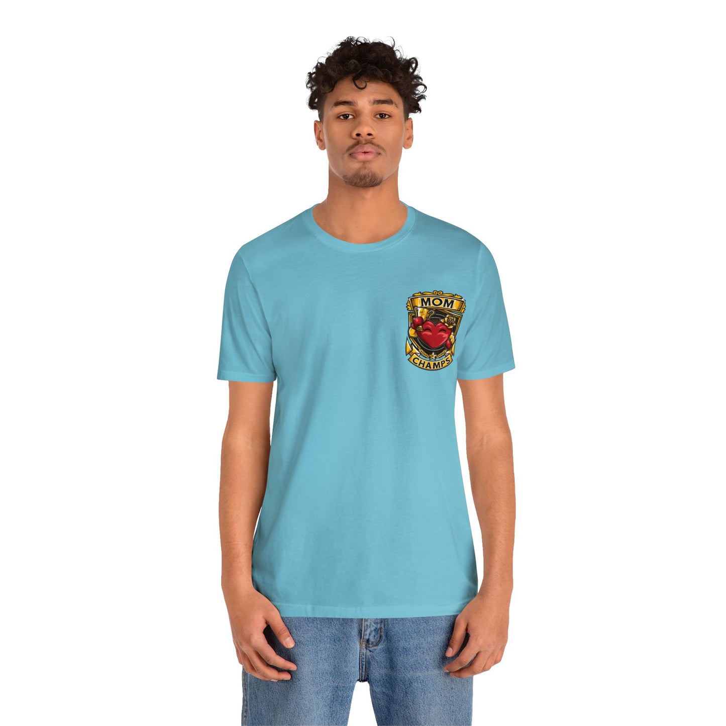 Mom Champs! (Small Front Logo & Back Design) - Unisex Jersey Short Sleeve Tee (Bella+Canvas)