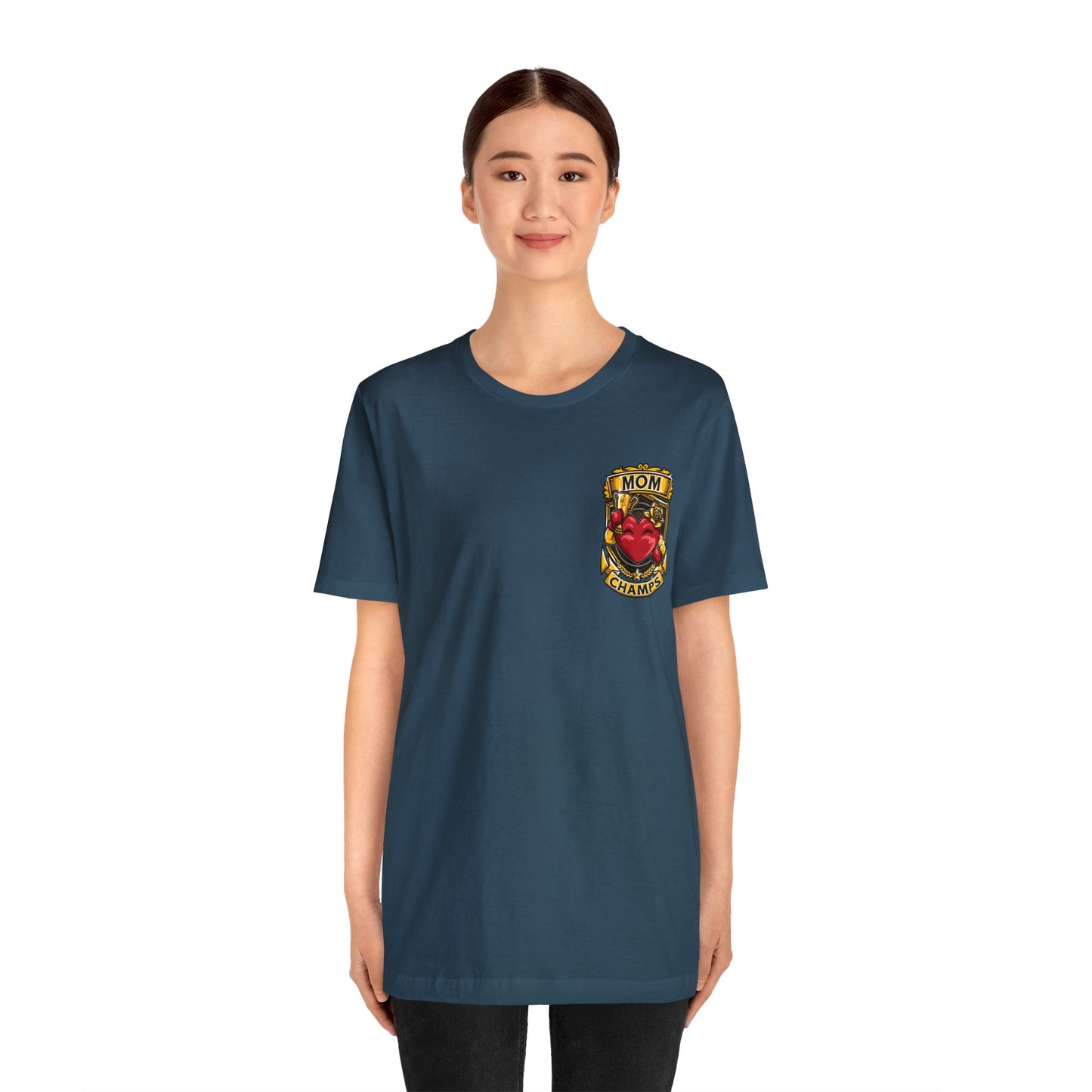 Mom Champs! (Small Front Logo & Back Design) - Unisex Jersey Short Sleeve Tee (Bella+Canvas)