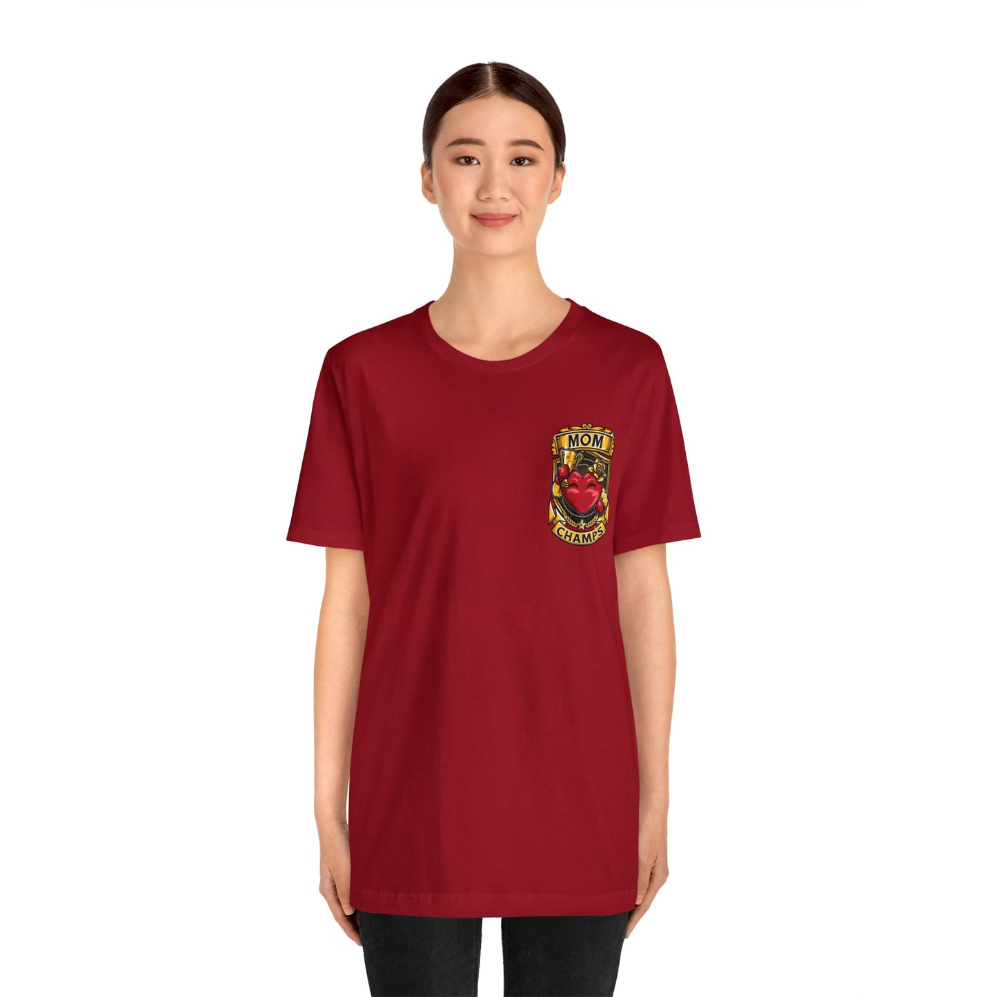 Mom Champs! (Small Front Logo & Back Design) - Unisex Jersey Short Sleeve Tee (Bella+Canvas)