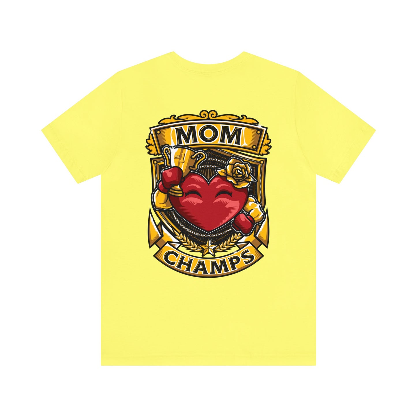 Mom Champs! (Small Front Logo & Back Design) - Unisex Jersey Short Sleeve Tee (Bella+Canvas)