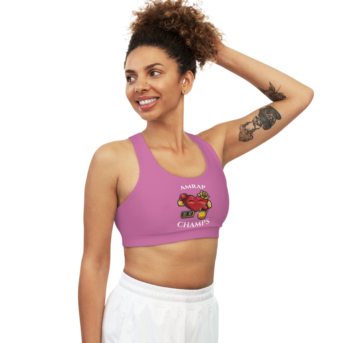 AMRAP CHAMPS - Center Logo - (Pink) - Seamless Sports Bra (AOP)