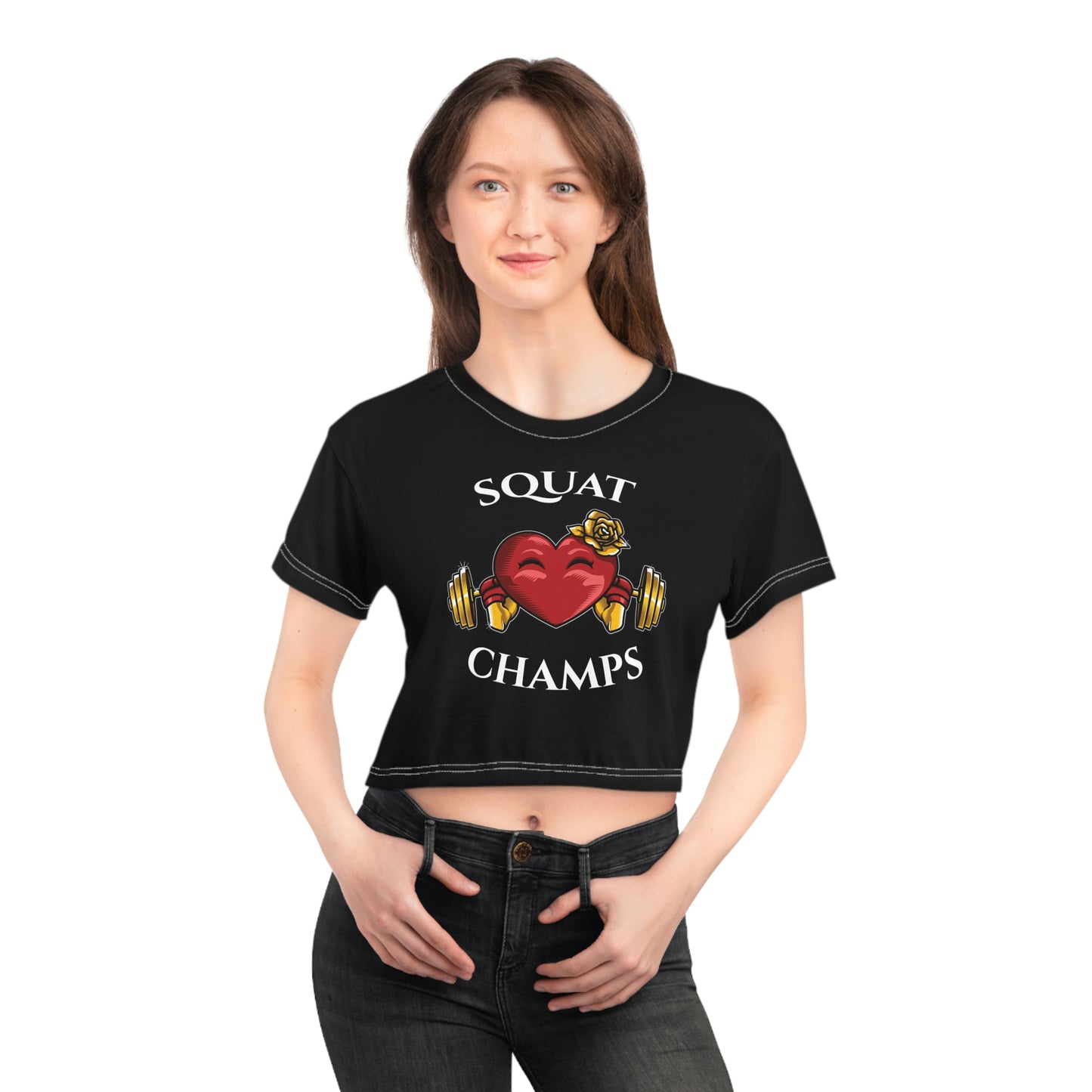 SQUAT CHAMPS (Black) - Crop Tee (AOP)