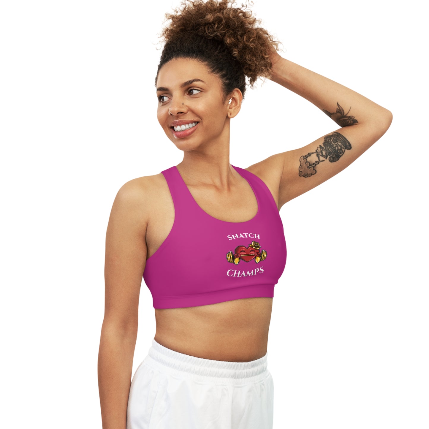 SNATCH CHAMPS - Center Logo - (Pink) - Seamless Sports Bra (AOP)