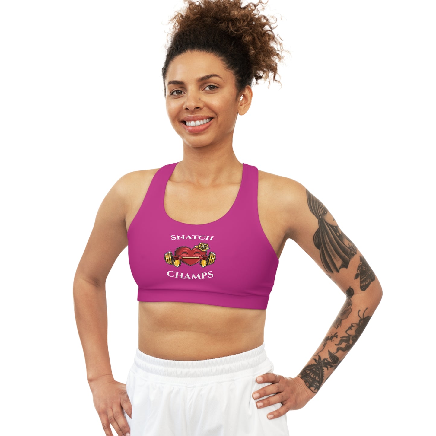 SNATCH CHAMPS - Center Logo - (Pink) - Seamless Sports Bra (AOP)