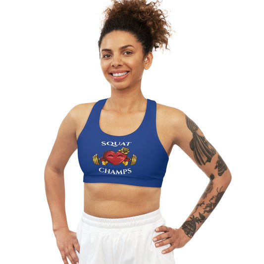 SQUAT CHAMPS - Center Logo - (Blue) - Seamless Sports Bra (AOP)