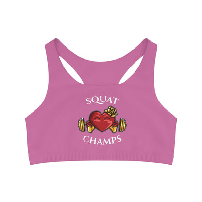 SQUAT CHAMPS - Center Logo - (Pink) - Seamless Sports Bra (AOP)