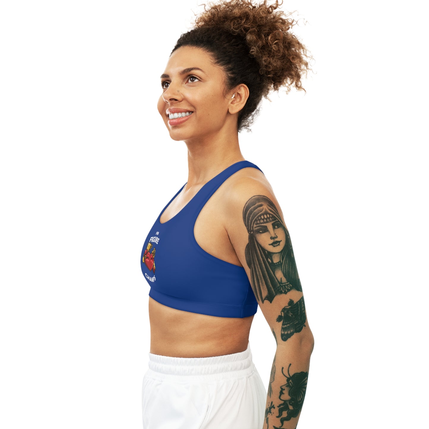 IFBB FIGURE CHAMPS - Center Logo - (Blue) - Seamless Sports Bra (AOP)
