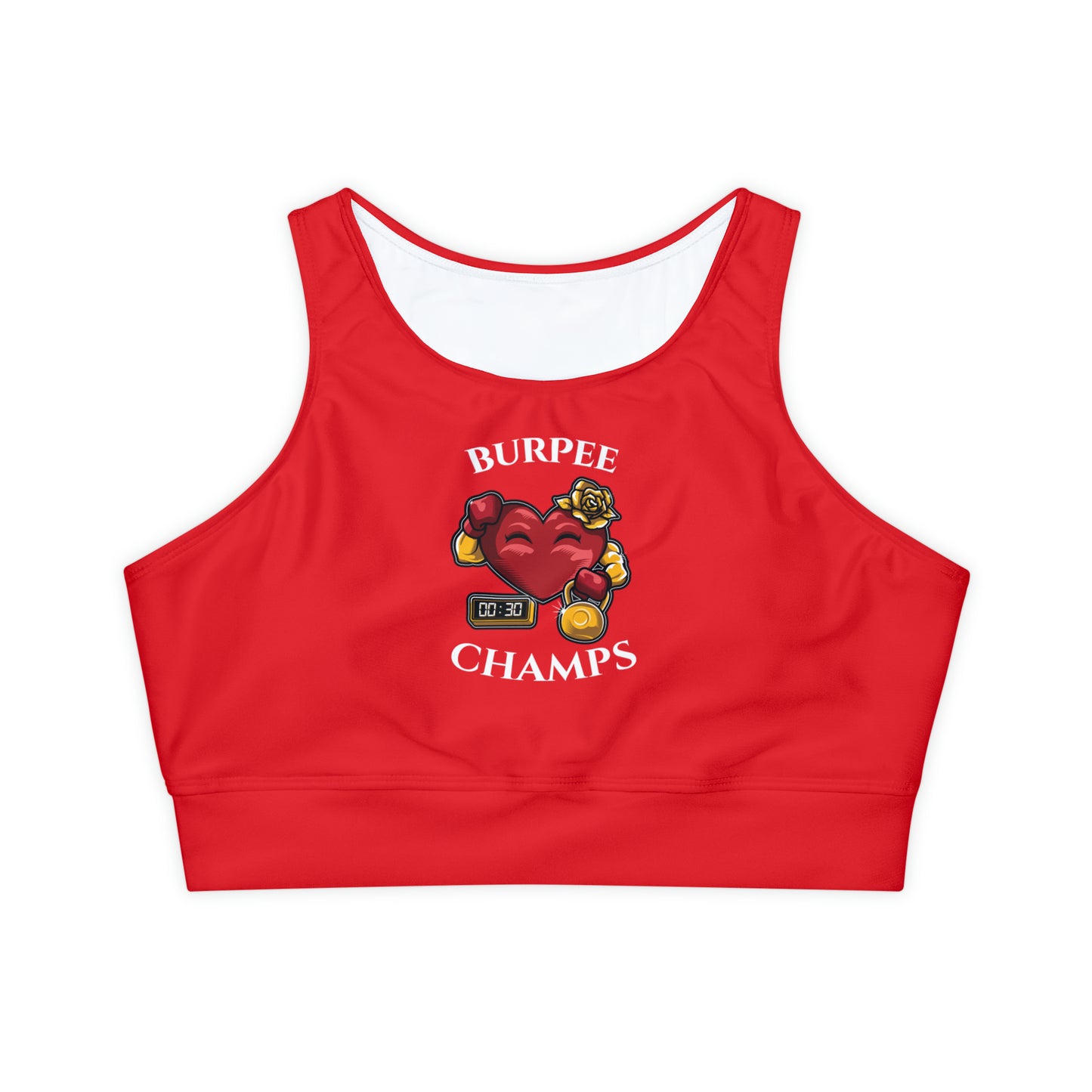BURPEE CHAMPS (Red) - Fully Lined, Padded Sports Bra (AOP)
