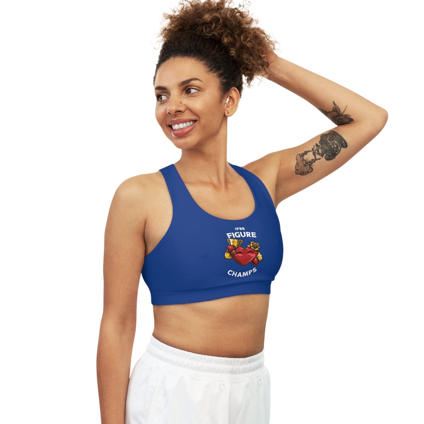 IFBB FIGURE CHAMPS - Center Logo - (Blue) - Seamless Sports Bra (AOP)