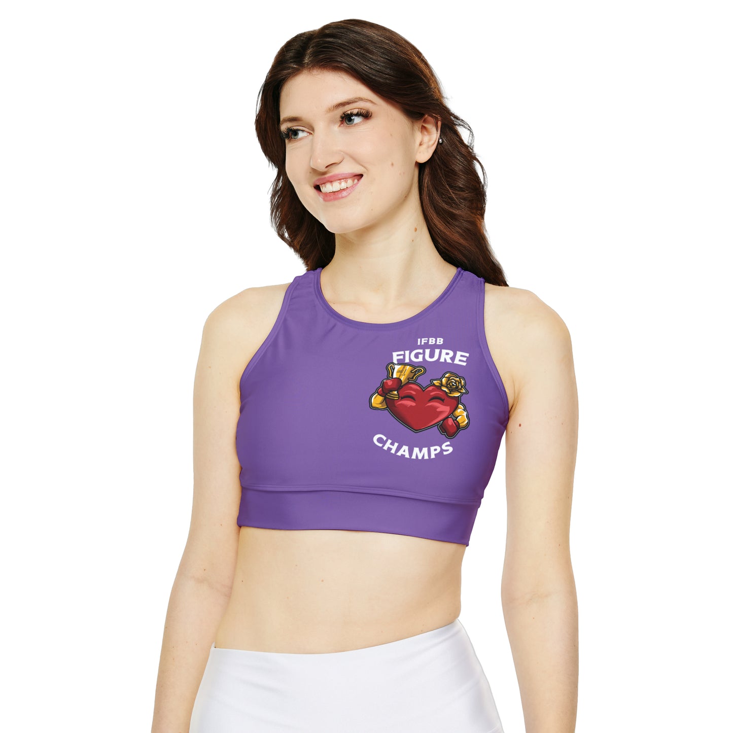 IFBB FIGURE CHAMPS (PURPLE) - Fully Lined, Padded Sports Bra (AOP)