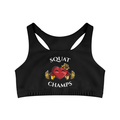 SQUAT CHAMPS - Center Logo - (Black) - Seamless Sports Bra (AOP)