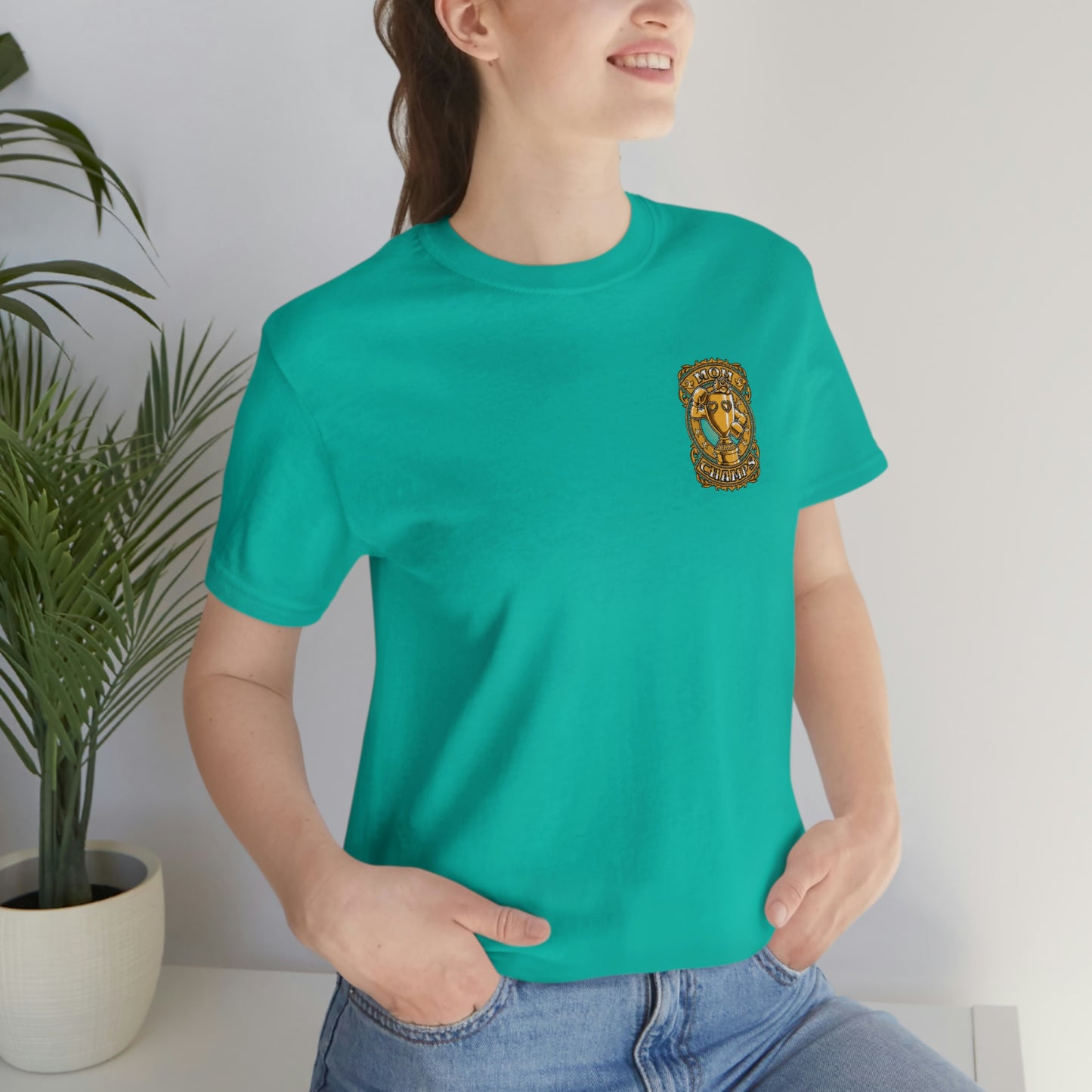Mom Champs (Gold -Front & Back)! Unisex Jersey Short Sleeve Tee (Bella+Canvas)
