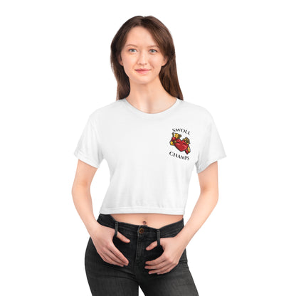 SWOLL CHAMPS (Small Logo - White) - Crop Tee (AOP)