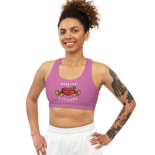 SQUAT CHAMPS - Center Logo - (Pink) - Seamless Sports Bra (AOP)
