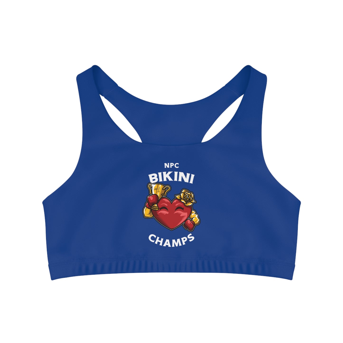 NPC BIKINI CHAMPS - Center Logo - (Blue) - Seamless Sports Bra (AOP)