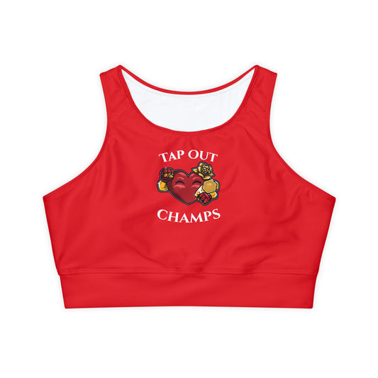 TAP OUT CHAMPS (Red) - Fully Lined, Padded Sports Bra (AOP)