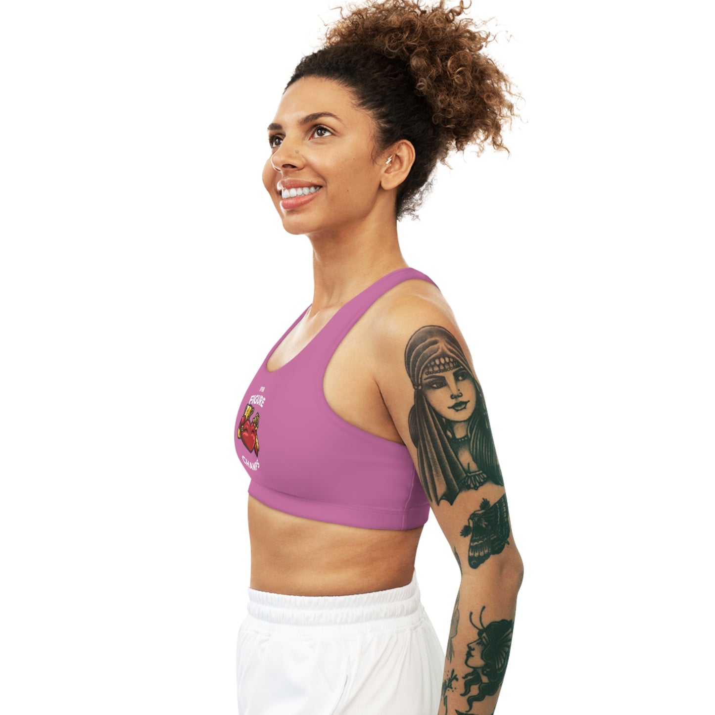 IFBB FIGURE CHAMPS - Center Logo - (Pink) - Seamless Sports Bra (AOP)