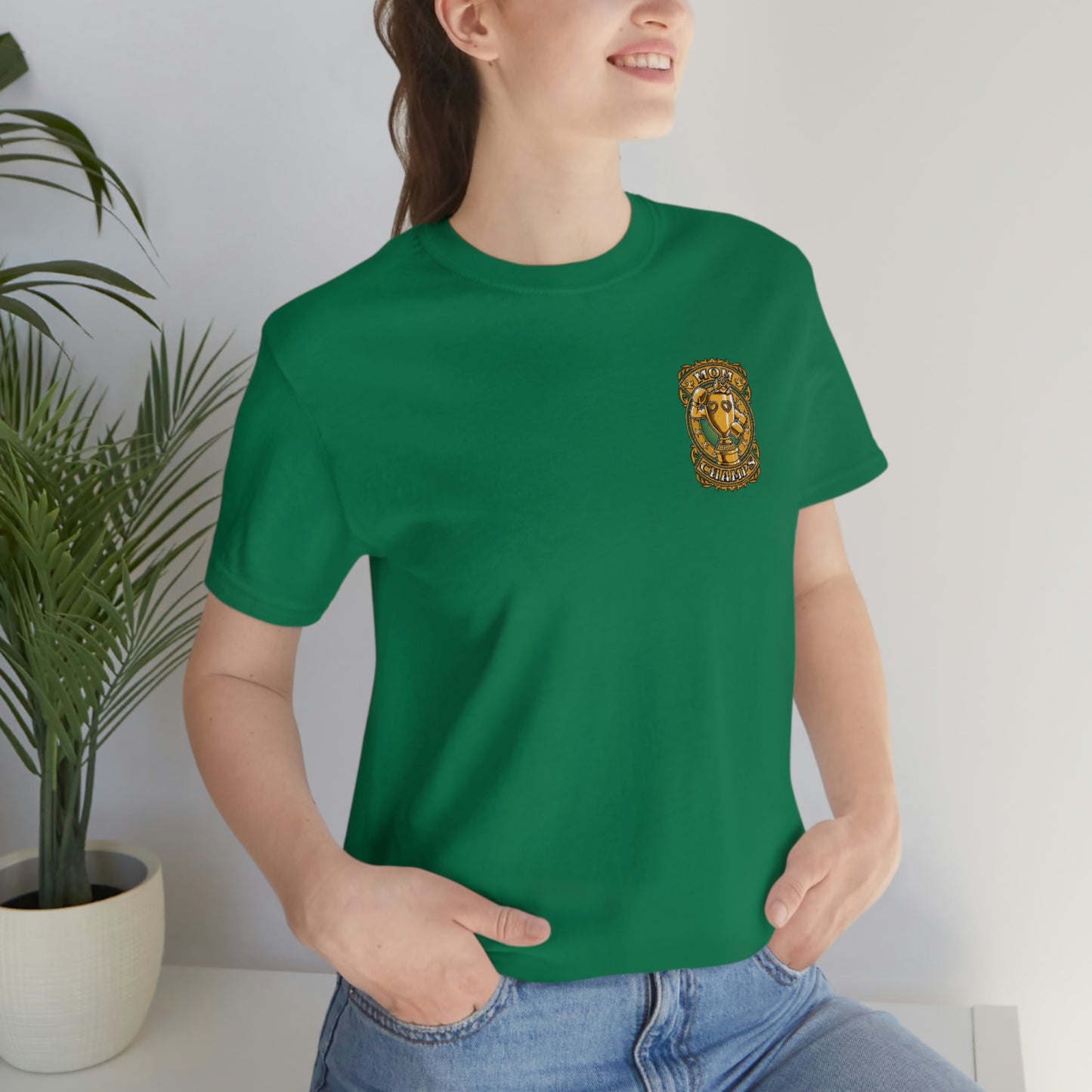 Mom Champs (Gold -Front & Back)! Unisex Jersey Short Sleeve Tee (Bella+Canvas)