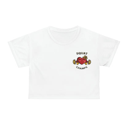 SQUAT CHAMPS (Small Logo - White) - Crop Tee (AOP)