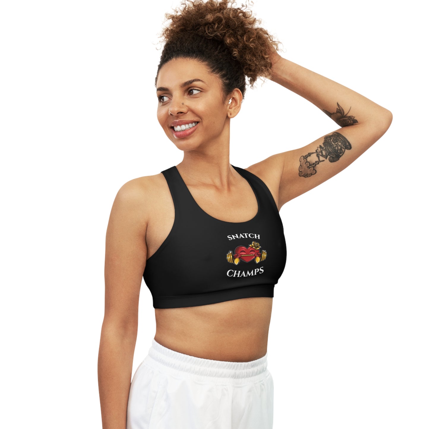 SNATCH CHAMPS  - Center Logo - (Black) - Seamless Sports Bra (AOP)