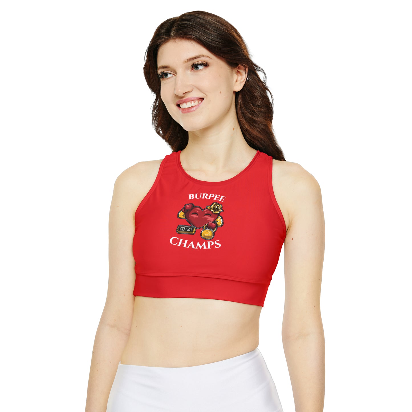 BURPEE CHAMPS (Red) - Fully Lined, Padded Sports Bra (AOP)
