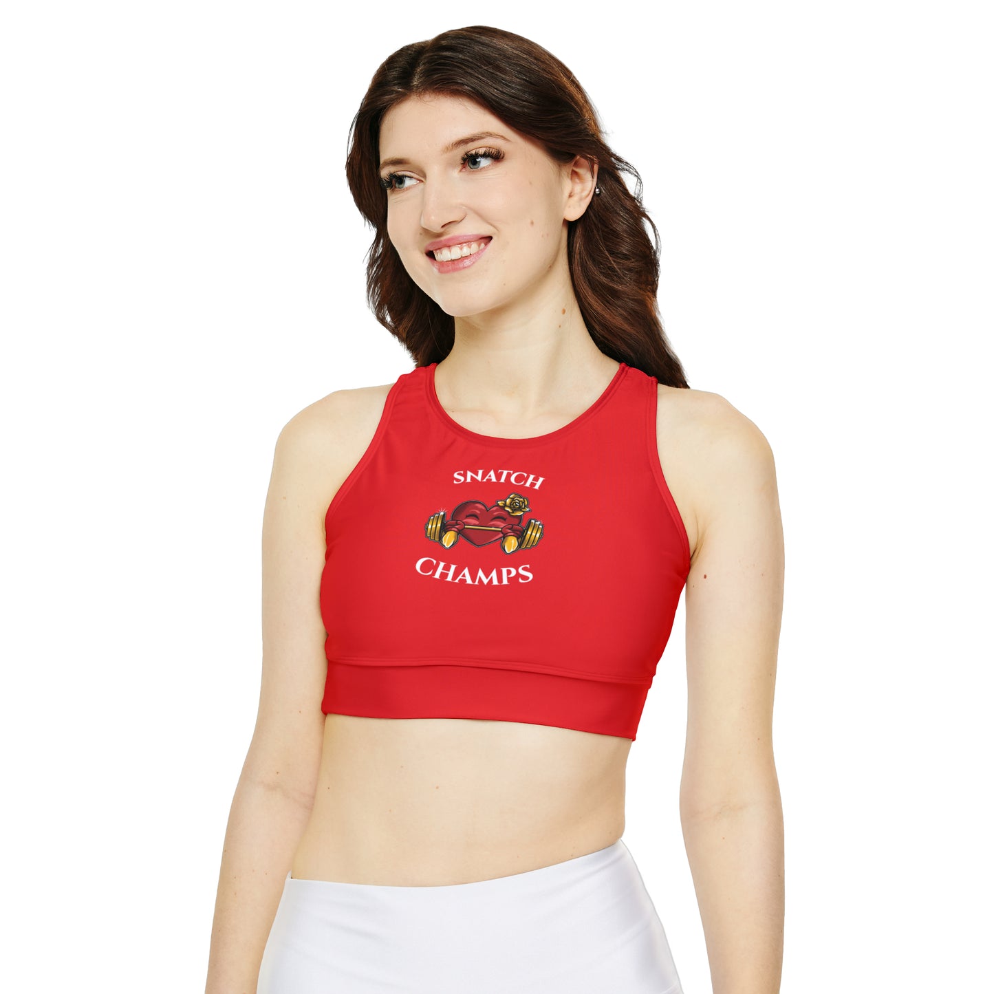SNATCH CHAMPS (Red) - Fully Lined, Padded Sports Bra (AOP)
