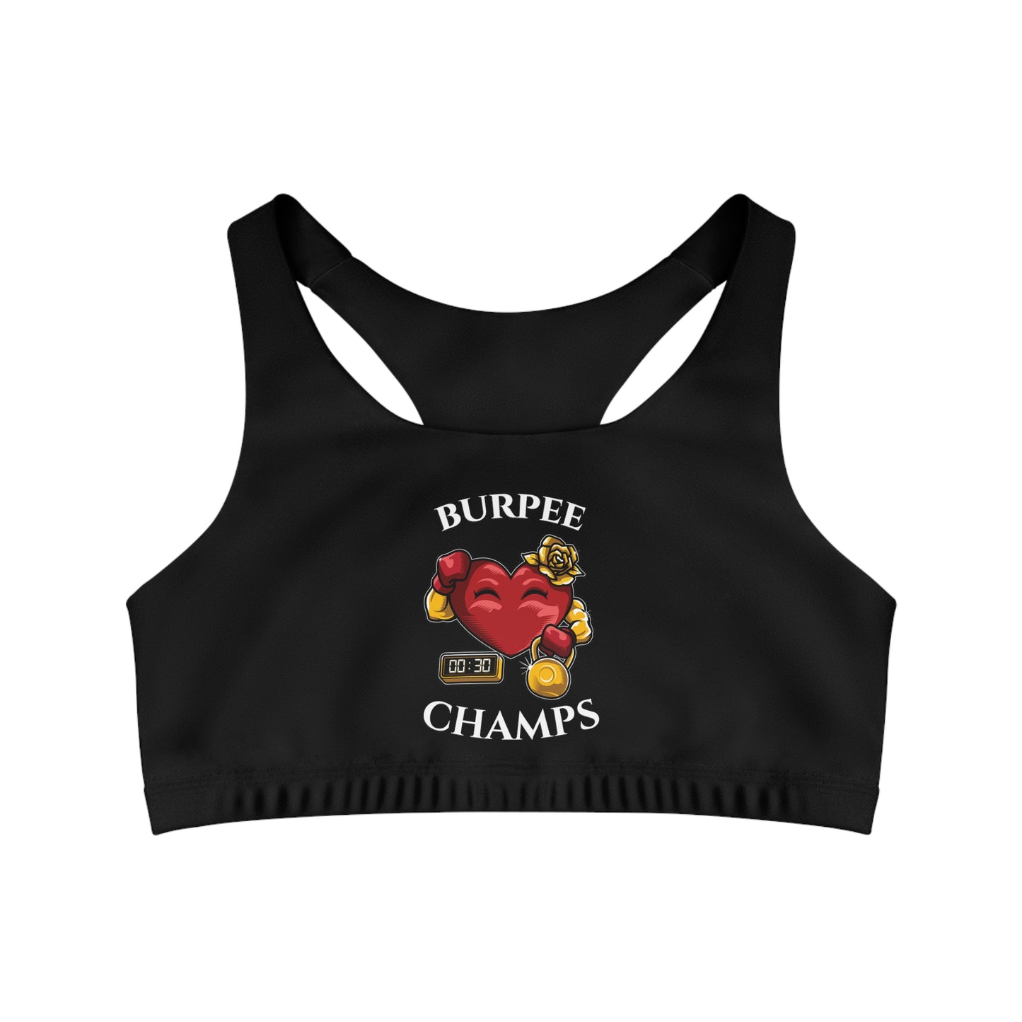 BURPEE CHAMPS - Center Logo - (Black) - Seamless Sports Bra (AOP)