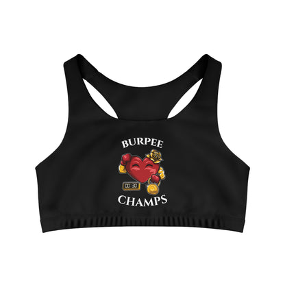 BURPEE CHAMPS - Center Logo - (Black) - Seamless Sports Bra (AOP)