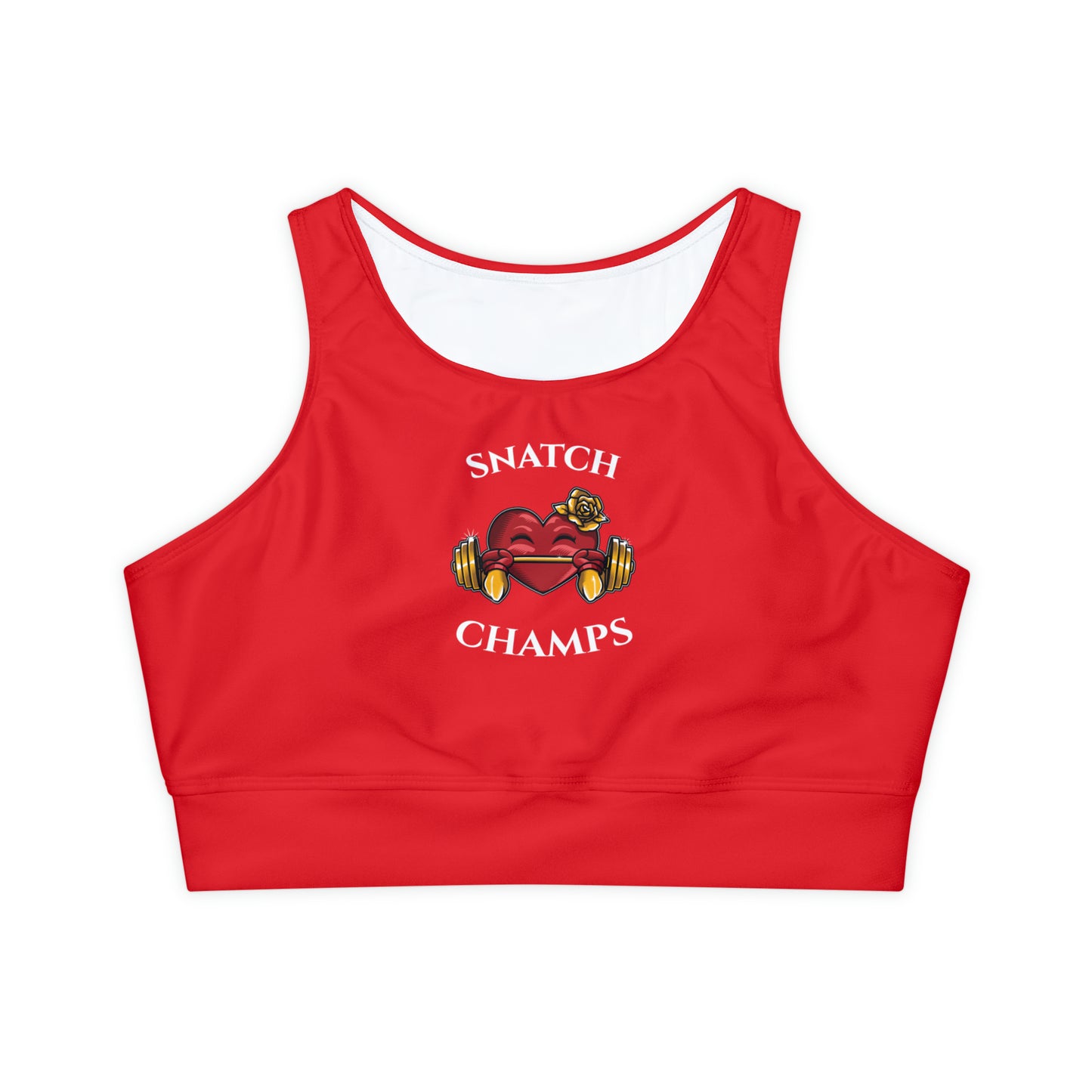 SNATCH CHAMPS (Red) - Fully Lined, Padded Sports Bra (AOP)
